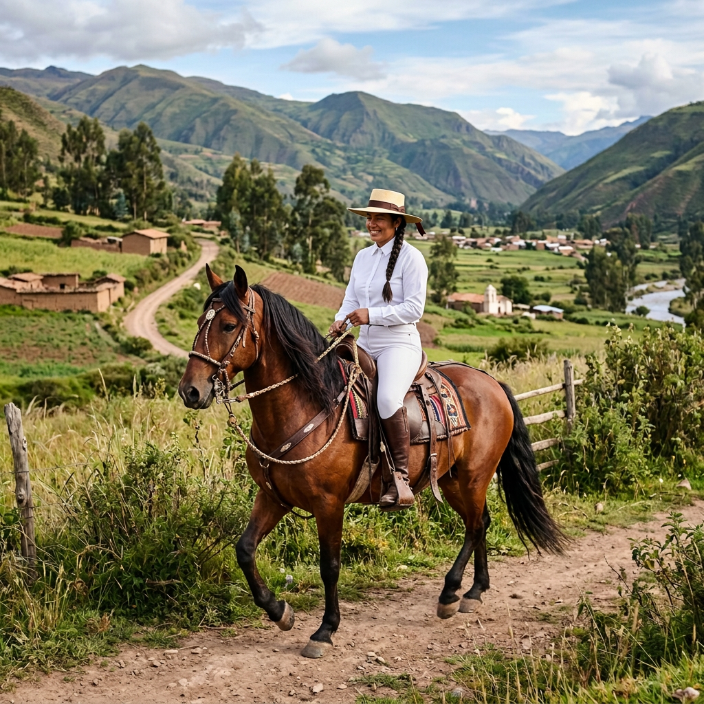 Woman riding a horse along a mountain trail in the Andes