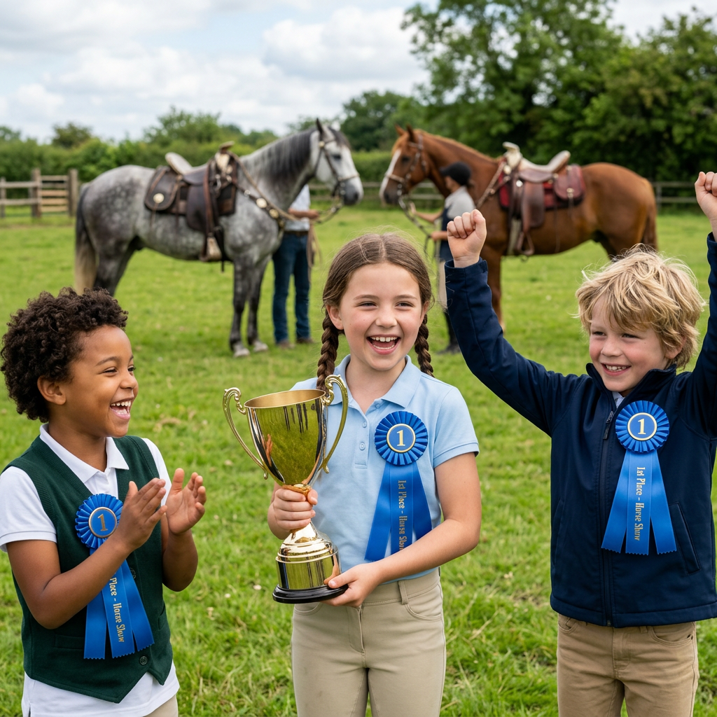 Three children celebrate an equestrian win with ribbons and a trophy beside saddled horses