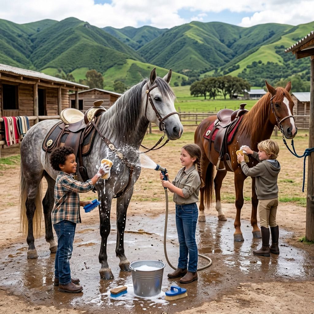 Three children washing and grooming two saddled horses in a mountain village