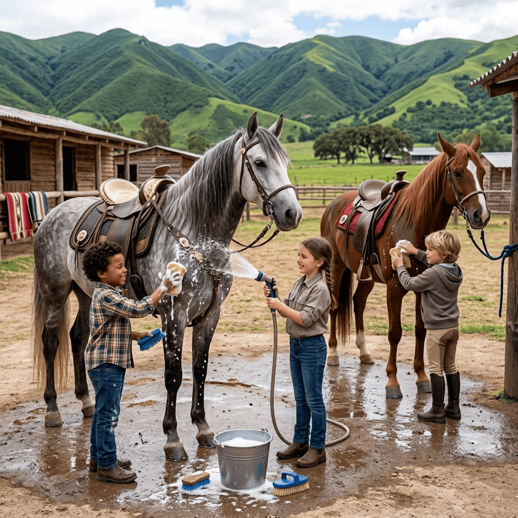 Three children washing and grooming two saddled horses in a mountain village